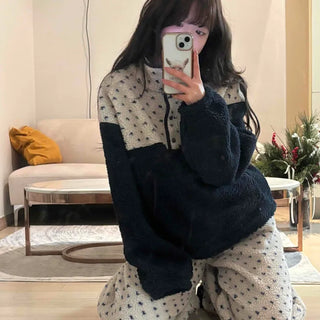 Heart Pattern Two-Tone Fleece Oversized Tracksuit Set