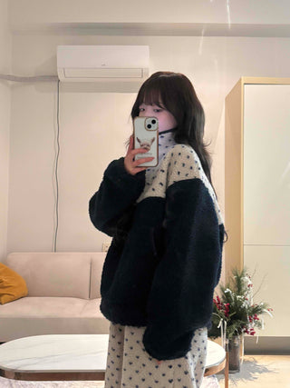 Heart Pattern Two-Tone Fleece Oversized Tracksuit Set