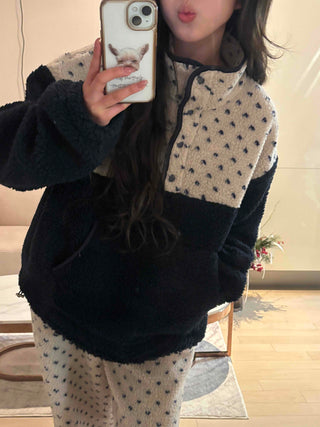 Heart Pattern Two-Tone Fleece Oversized Tracksuit Set