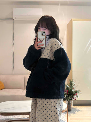 Heart Pattern Two-Tone Fleece Oversized Tracksuit Set
