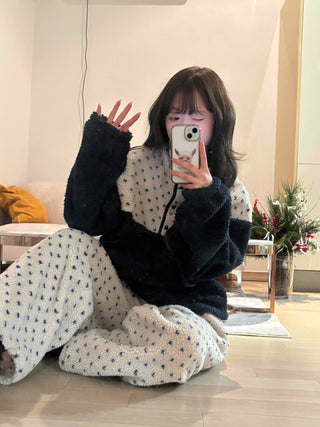 Heart Pattern Two-Tone Fleece Oversized Tracksuit Set