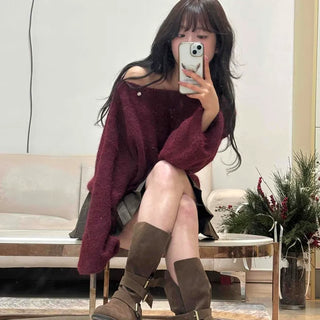 Loose-fit Boat Neck Off-shoulder Knit