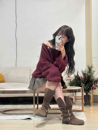 Loose-fit Boat Neck Off-shoulder Knit