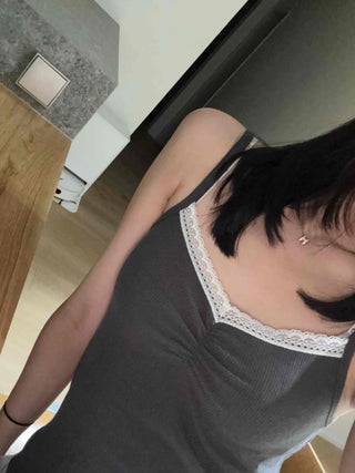 Lace-trimmed Square Neck Slim Fit Sleeveless T-shirt