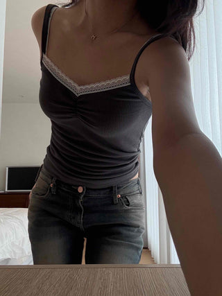 Lace-trimmed Square Neck Slim Fit Sleeveless T-shirt