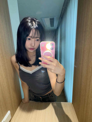 Lace-trimmed Square Neck Slim Fit Sleeveless T-shirt