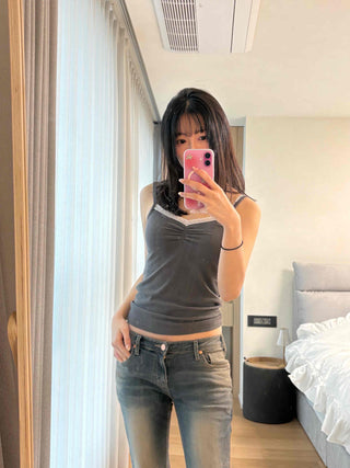 Lace-trimmed Square Neck Slim Fit Sleeveless T-shirt