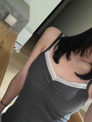 Lace-trimmed Square Neck Slim Fit Sleeveless T-shirt
