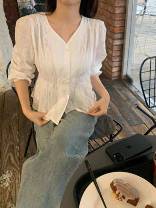 Romantic Shirred Lace Embroidered V-Neck Blouse