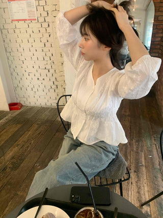 Romantic Shirred Lace Embroidered V-Neck Blouse