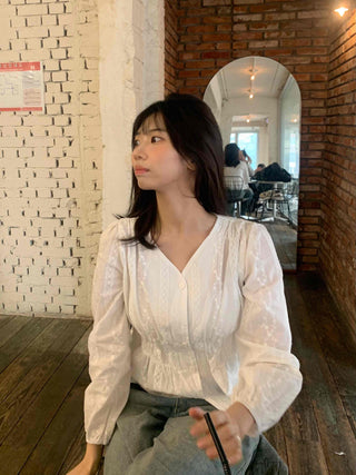 Romantic Shirred Lace Embroidered V-Neck Blouse
