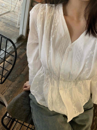 Romantic Shirred Lace Embroidered V-Neck Blouse