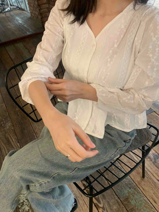 Romantic Shirred Lace Embroidered V-Neck Blouse
