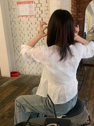 Romantic Shirred Lace Embroidered V-Neck Blouse
