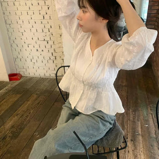 Romantic Shirred Lace Embroidered V-Neck Blouse