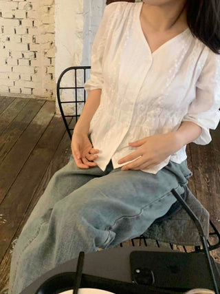 Romantic Shirred Lace Embroidered V-Neck Blouse