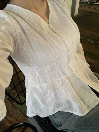Romantic Shirred Lace Embroidered V-Neck Blouse