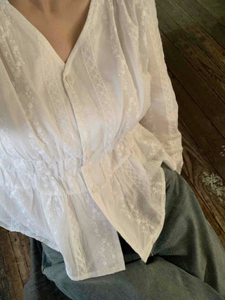 Romantic Shirred Lace Embroidered V-Neck Blouse