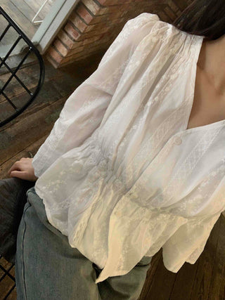 Romantic Shirred Lace Embroidered V-Neck Blouse