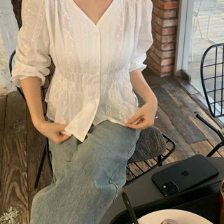 Romantic Shirred Lace Embroidered V-Neck Blouse