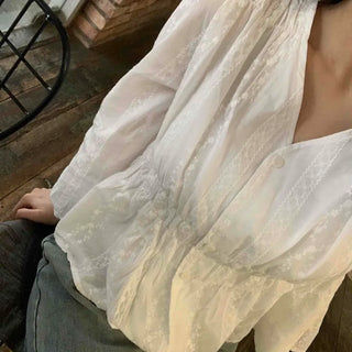 Romantic Shirred Lace Embroidered V-Neck Blouse