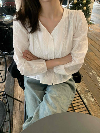 Romantic Shirred Lace Embroidered V-Neck Blouse