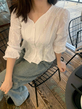 Romantic Shirred Lace Embroidered V-Neck Blouse