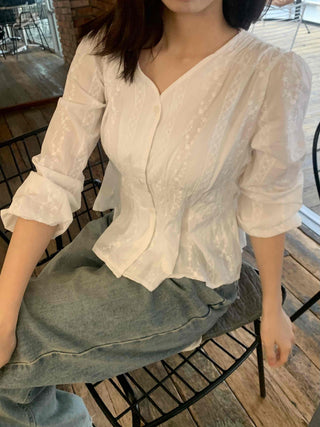 Romantic Shirred Lace Embroidered V-Neck Blouse