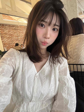 Romantic Shirred Lace Embroidered V-Neck Blouse