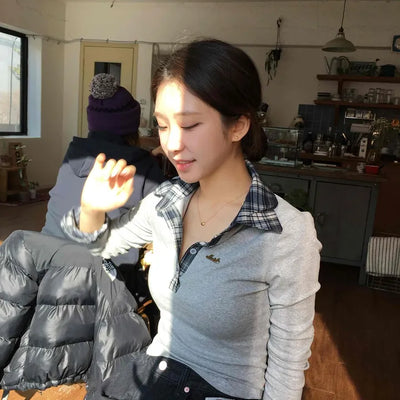 Check Color Block Collar Neck Ribbed Slim Long Sleeve T-shirt