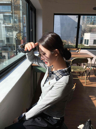 Check Color Block Collar Neck Ribbed Slim Long Sleeve T-shirt