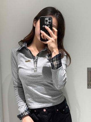 Check Color Block Collar Neck Ribbed Slim Long Sleeve T-shirt