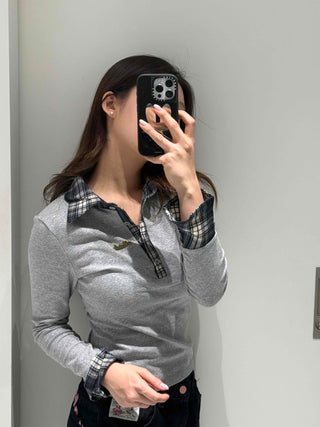 Check Color Block Collar Neck Ribbed Slim Long Sleeve T-shirt