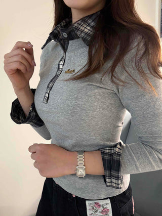 Check Color Block Collar Neck Ribbed Slim Long Sleeve T-shirt