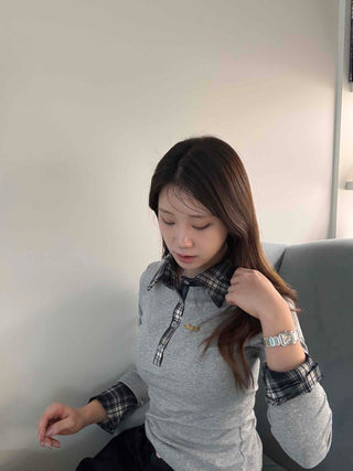 Check Color Block Collar Neck Ribbed Slim Long Sleeve T-shirt