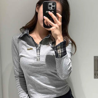 Check Color Block Collar Neck Ribbed Slim Long Sleeve T-shirt