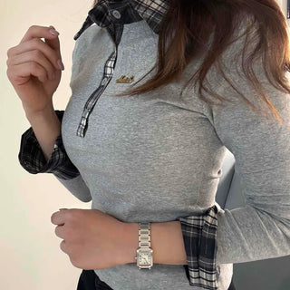 Check Color Block Collar Neck Ribbed Slim Long Sleeve T-shirt