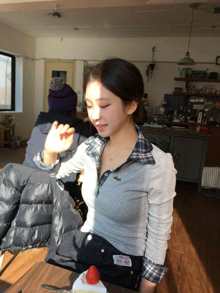 Check Color Block Collar Neck Ribbed Slim Long Sleeve T-shirt