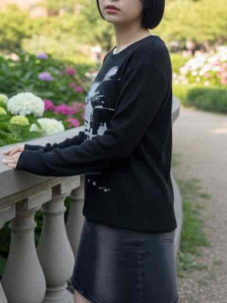 Vintage Sketch Glitter Slim Round Neck Long Sleeve T-shirt