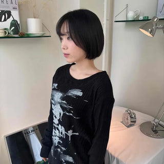 Vintage Sketch Glitter Slim Round Neck Long Sleeve T-shirt