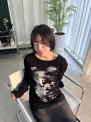 Vintage Sketch Glitter Slim Round Neck Long Sleeve T-shirt