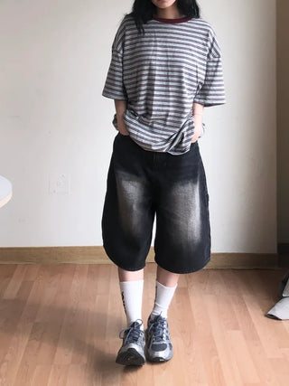 Nero Color Block Point Striped Short Sleeve T-shirt