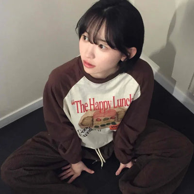Happy Lunch Lettering Vintage Raglan Long Sleeve Tee