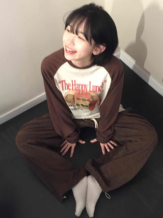 Happy Lunch Lettering Vintage Raglan Long Sleeve Tee