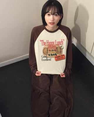 Happy Lunch Lettering Vintage Raglan Long Sleeve Tee
