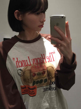 Happy Lunch Lettering Vintage Raglan Long Sleeve Tee