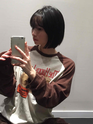 Happy Lunch Lettering Vintage Raglan Long Sleeve Tee