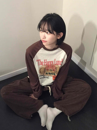 Happy Lunch Lettering Vintage Raglan Long Sleeve Tee