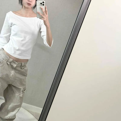 Asymmetrical Slash Neck Slim Ribbed Long Sleeve T-shirt