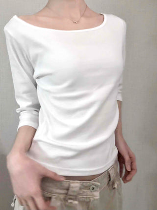 Asymmetrical Slash Neck Slim Ribbed Long Sleeve T-shirt